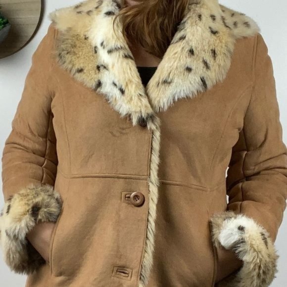 Talbots Faux Suede Car Coat Animal Print Faux Fur Large - Picture 7 of 7